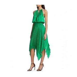 Ramy Brook Emerald Green Pleated Midi Halter Dress NWOT